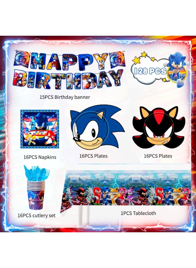 سونيك زينة حفلة عيد ميلاد سونيك لـ 16 ضيفًا، طقم أدوات مائدة على شكل سونيك مكون من 128 قطعة مع لافتة، أطباق، مناديل، أكواب، أدوات مائدة ومفرش طاولة – لوازم حفلات سونيك للأطفال - Image 3